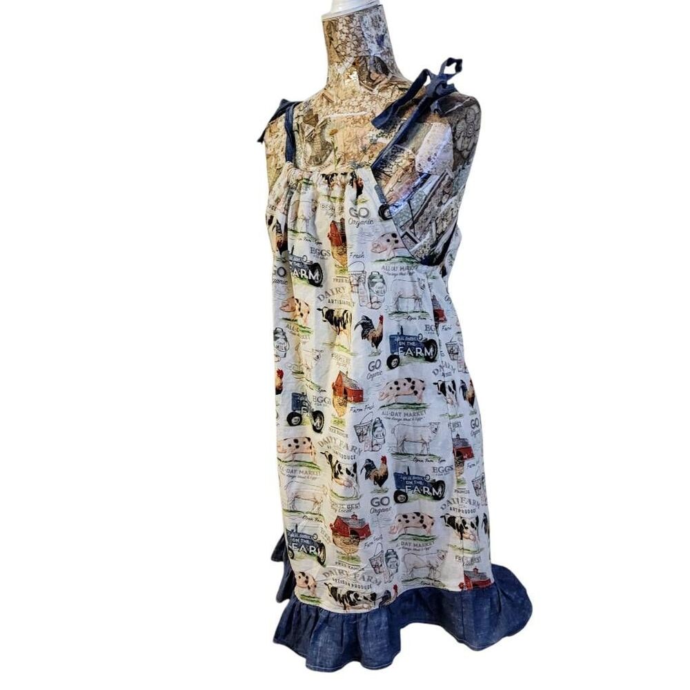 Dress Handmade Country Farm Animal Print  Denim Ruffle Hem & Shoulder Sundress - Picture 4 of 8